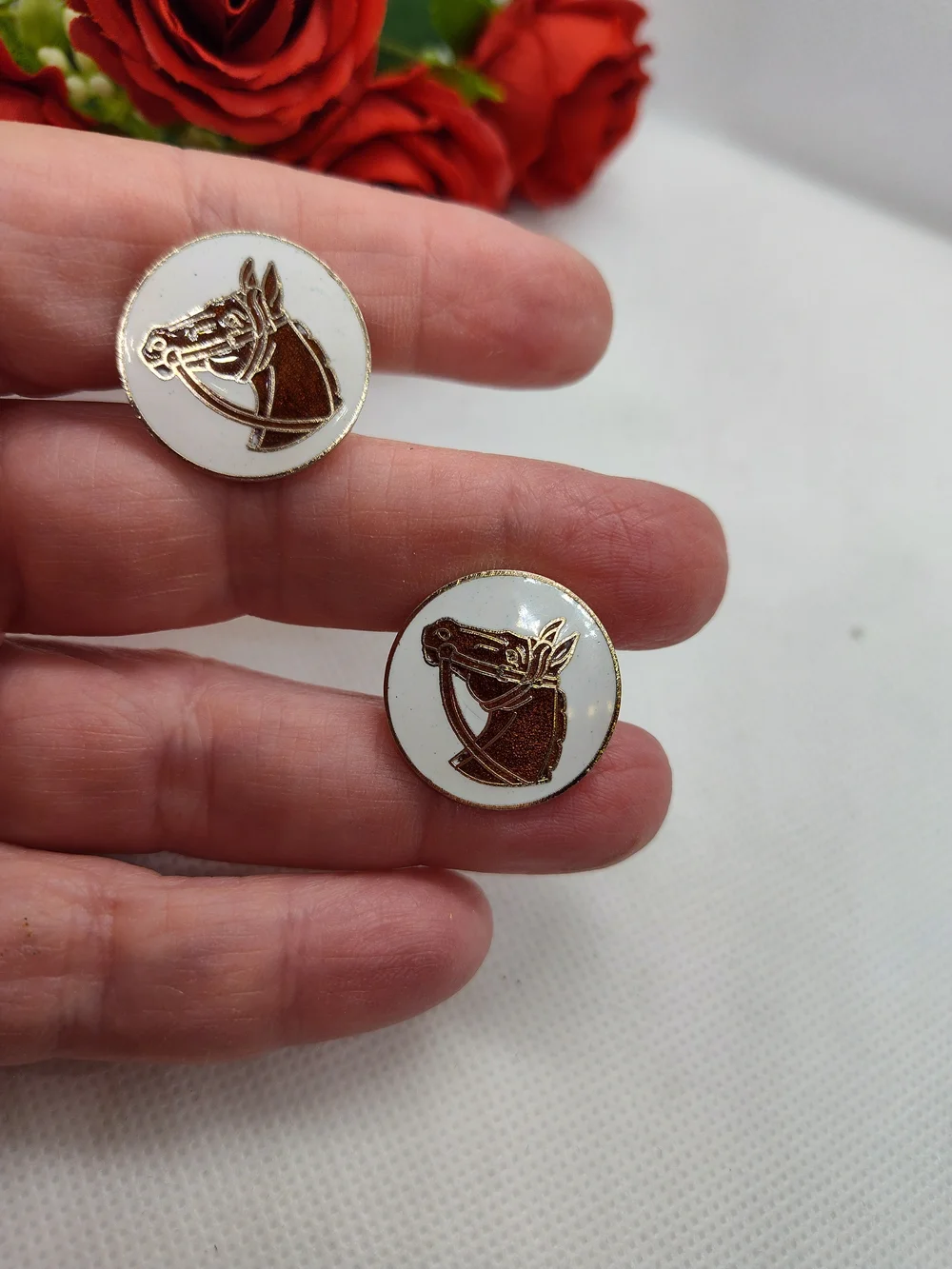 Vintage Equestrian Horse Head Enamel Cufflinks in Brown and White